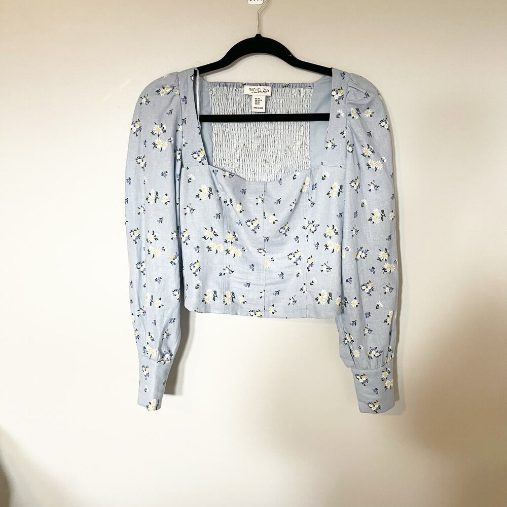 Rachel Zoe linen blend square neck puff sleeve floral long sleeve top size xs